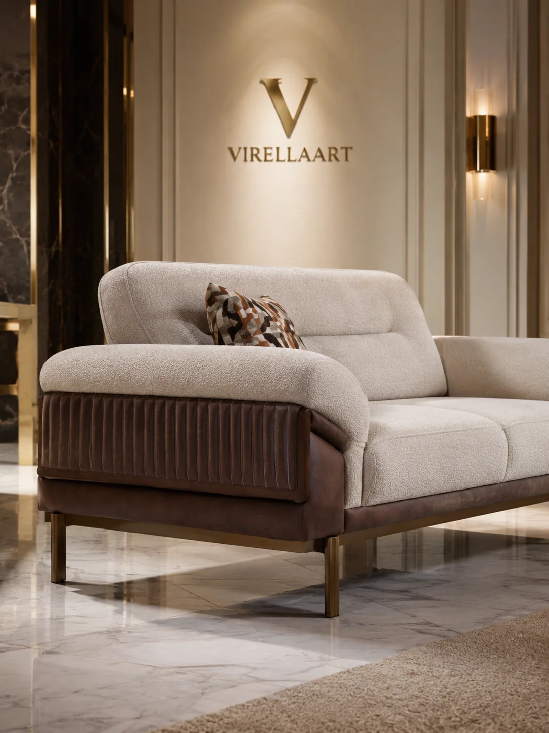 MILAZZO three-seat sofa with rounded ivory upholstery, layered cushions and contrasting side panels