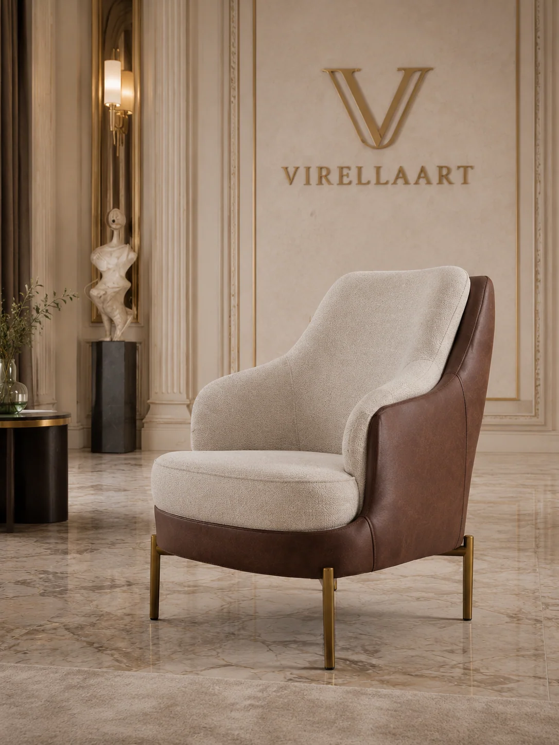 MILAZZO sculptural armchair with a curved high back, ivory seat and contrasting outer upholstery