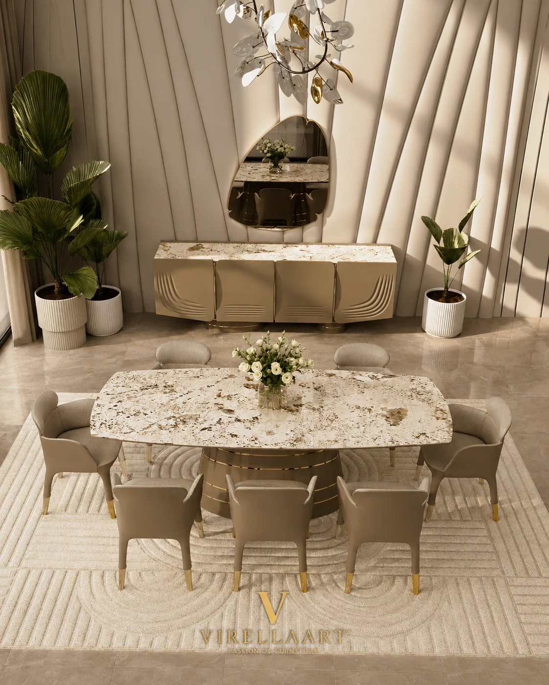 Overhead view of the Moon dining table with a rounded cream marble-look top, gold-tone pedestal base and coordinated upholstered chairs
