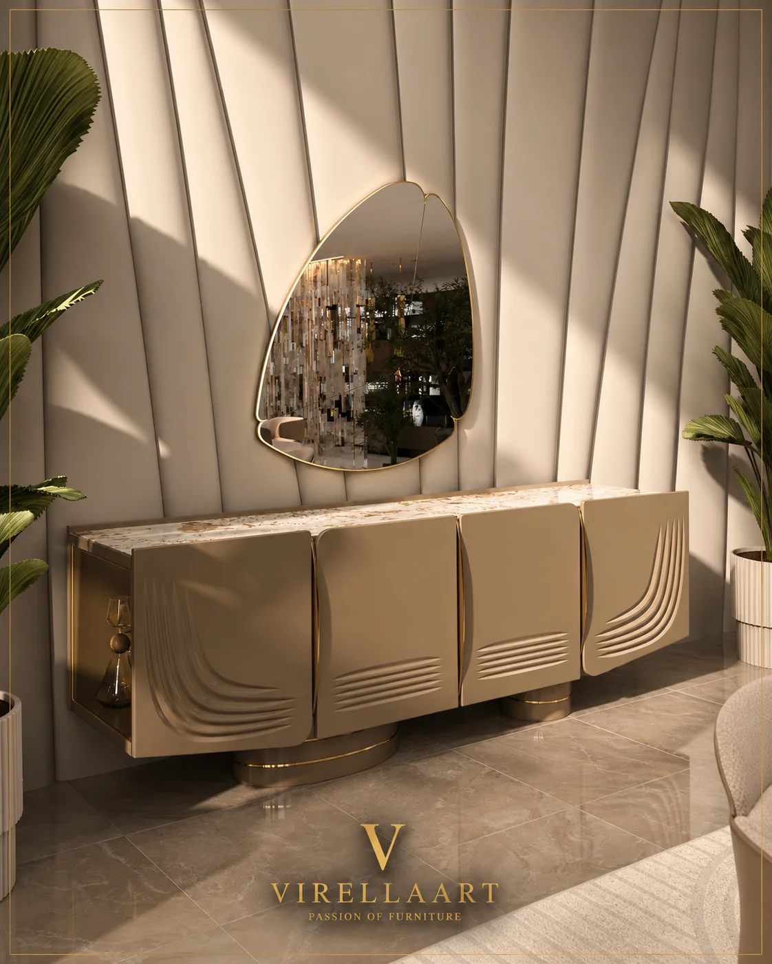 Moon taupe dining console with sculpted wave-pattern doors, cream marble-look top, gold-tone base details and an organic wall mirror