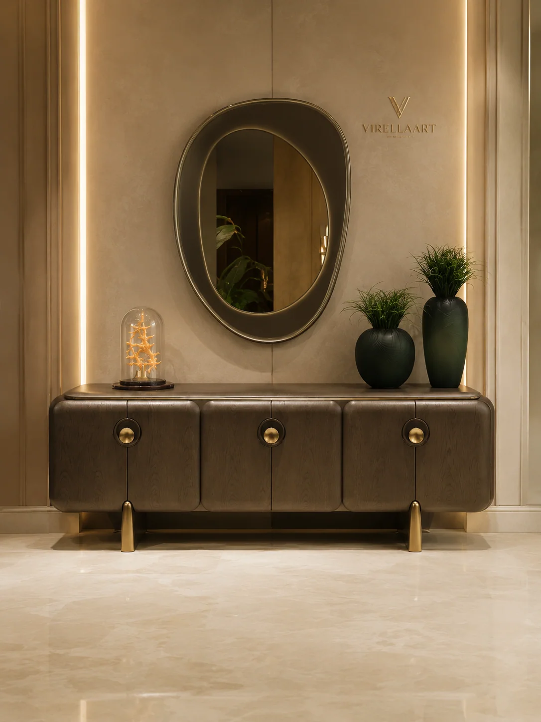 Nobu contemporary dining console with coordinating mirror in a modern luxury interior