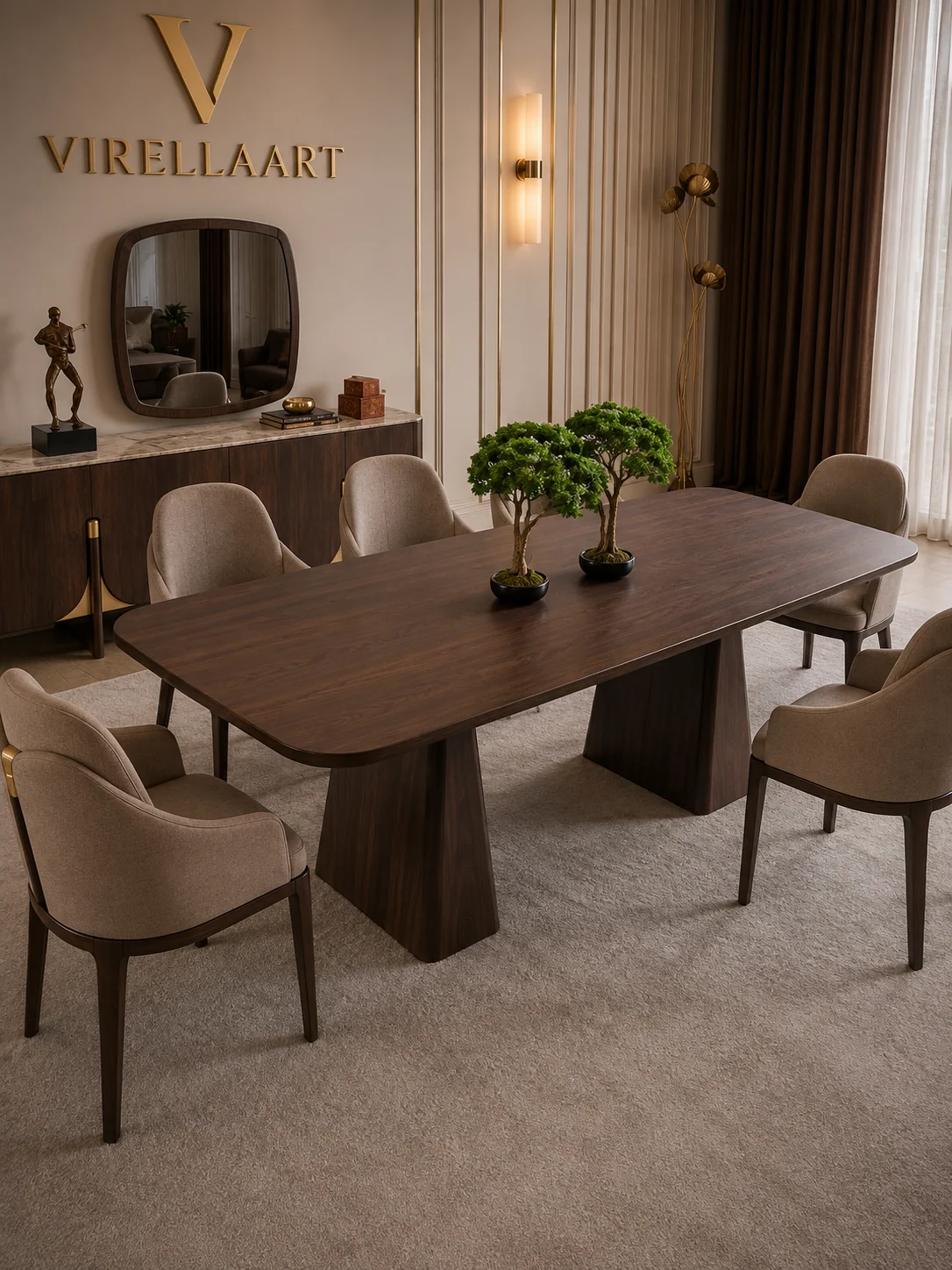 ORION luxury contemporary dining table with six curved upholstered chairs in a refined interior