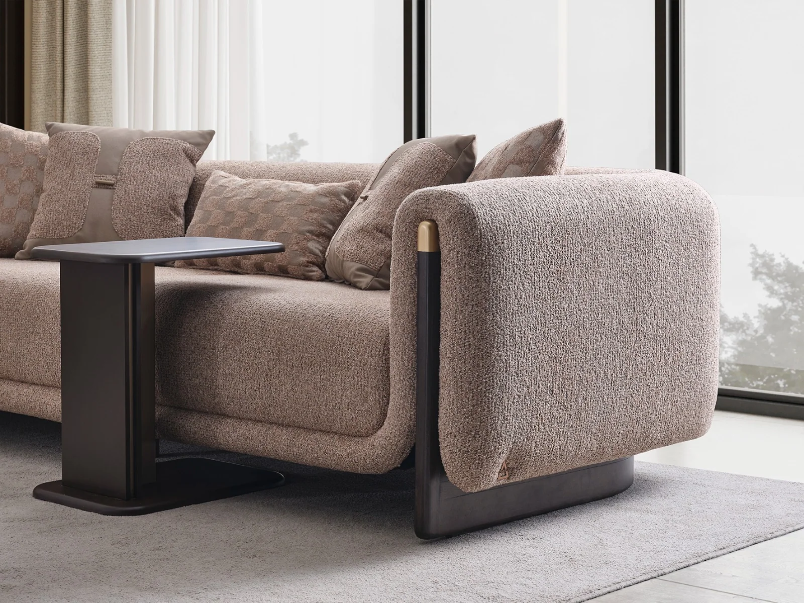 ORION modern sofa close-up showing refined fabric texture and craftsmanship