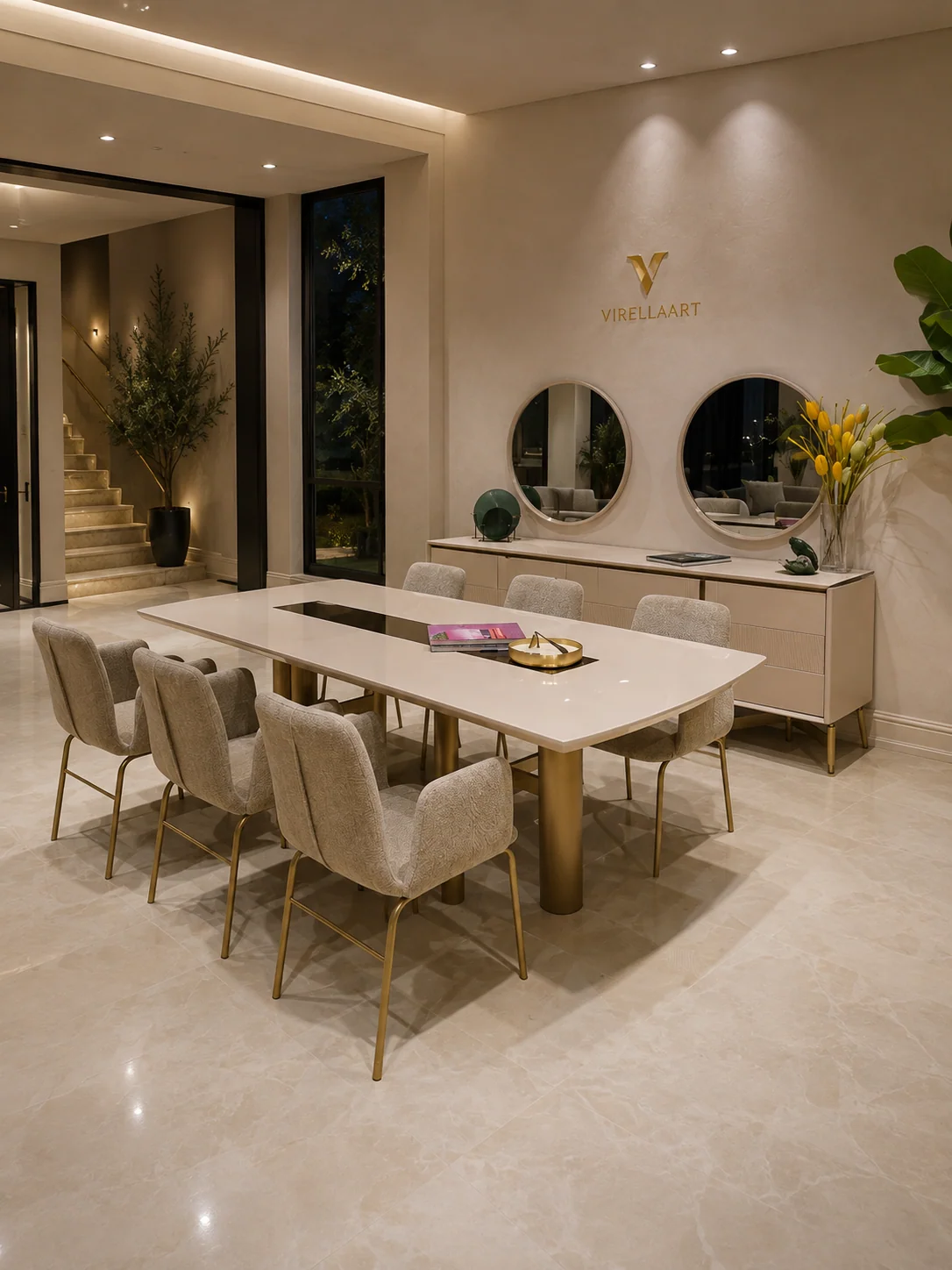Porto modern dining room set with 250 cm dining table six upholstered chairs console and mirror