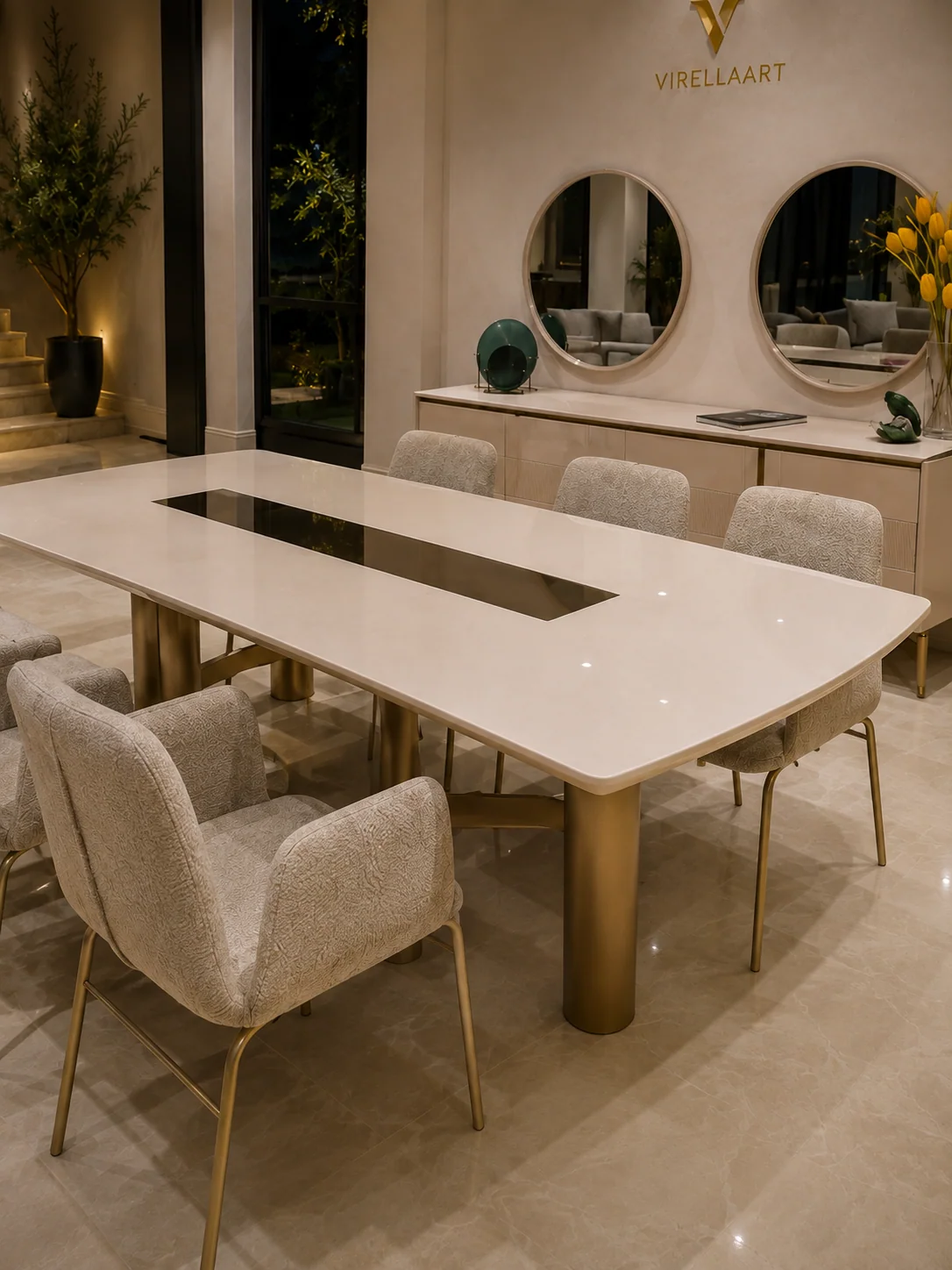 Porto contemporary 250 cm dining table with coordinated luxury upholstered dining chairs