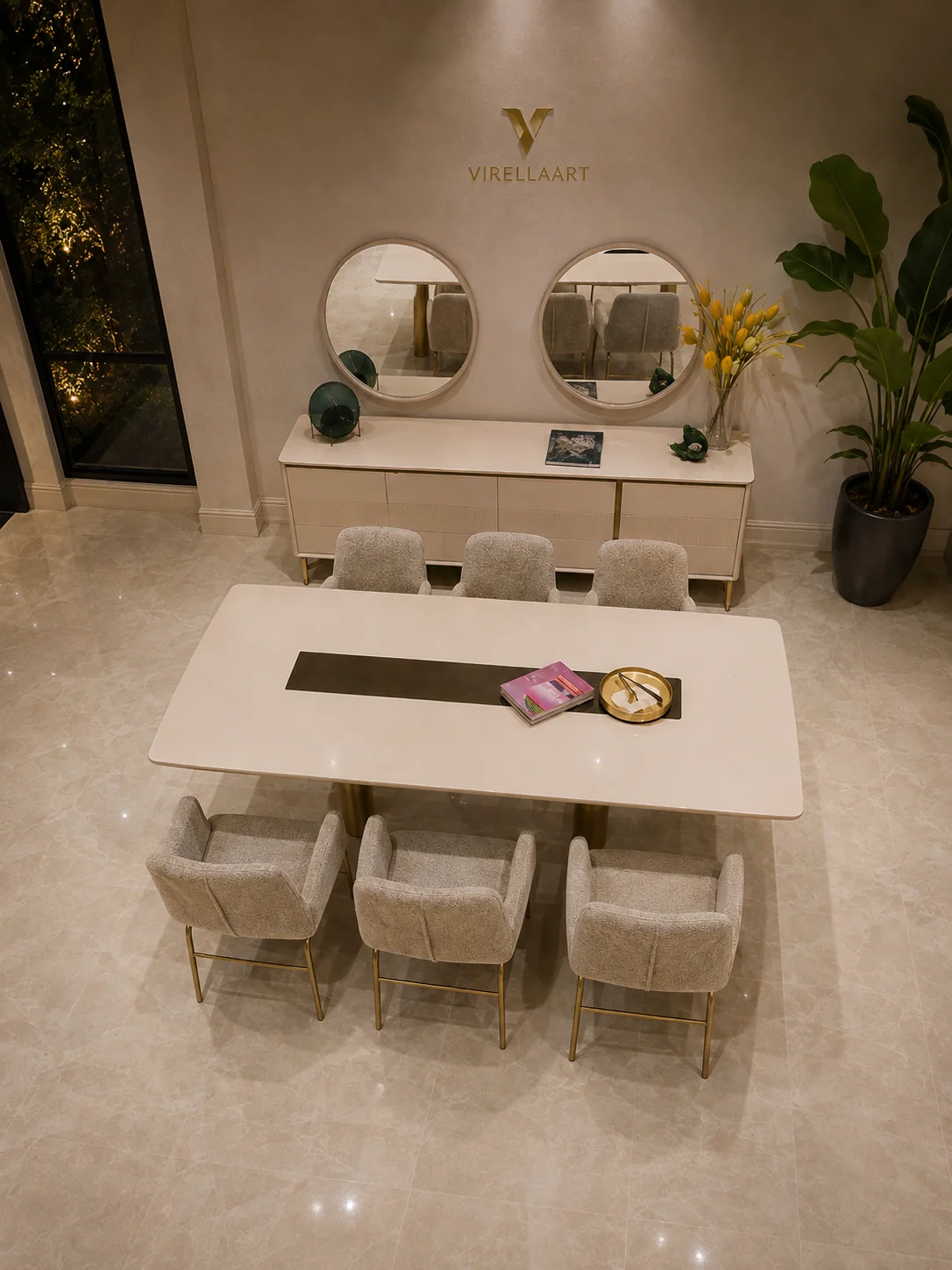 Porto luxury modern dining room with table six chairs and coordinated console furniture