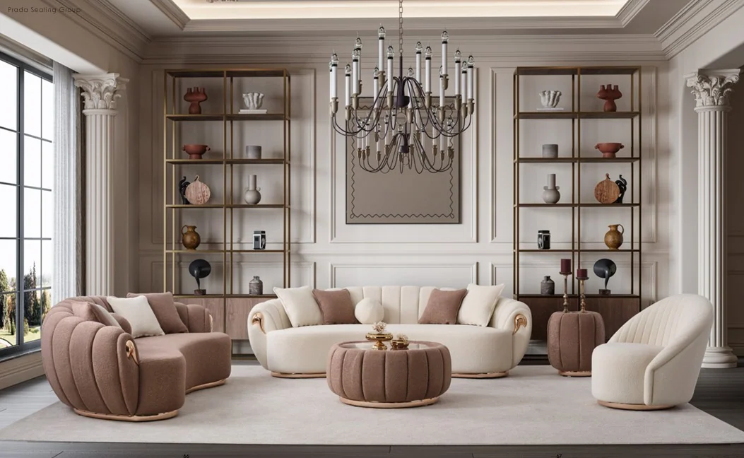 PRADA 3+3+1+1 living room sofa set with rounded seats and low-profile contemporary design