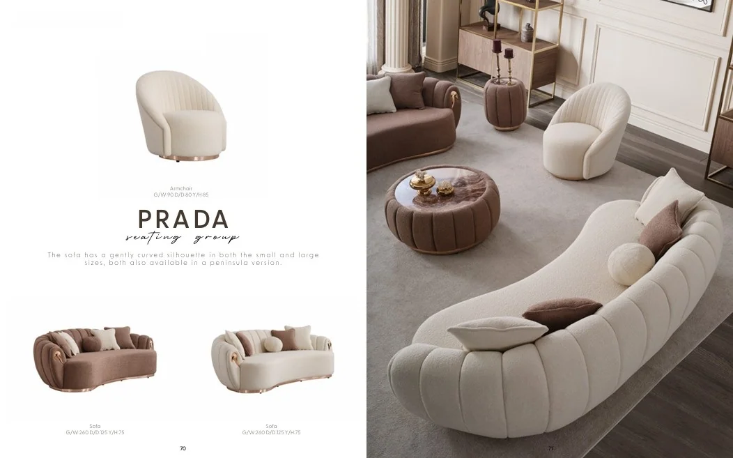PRADA Sofa Set presentation showing sculptural seating forms and matching modern coffee table