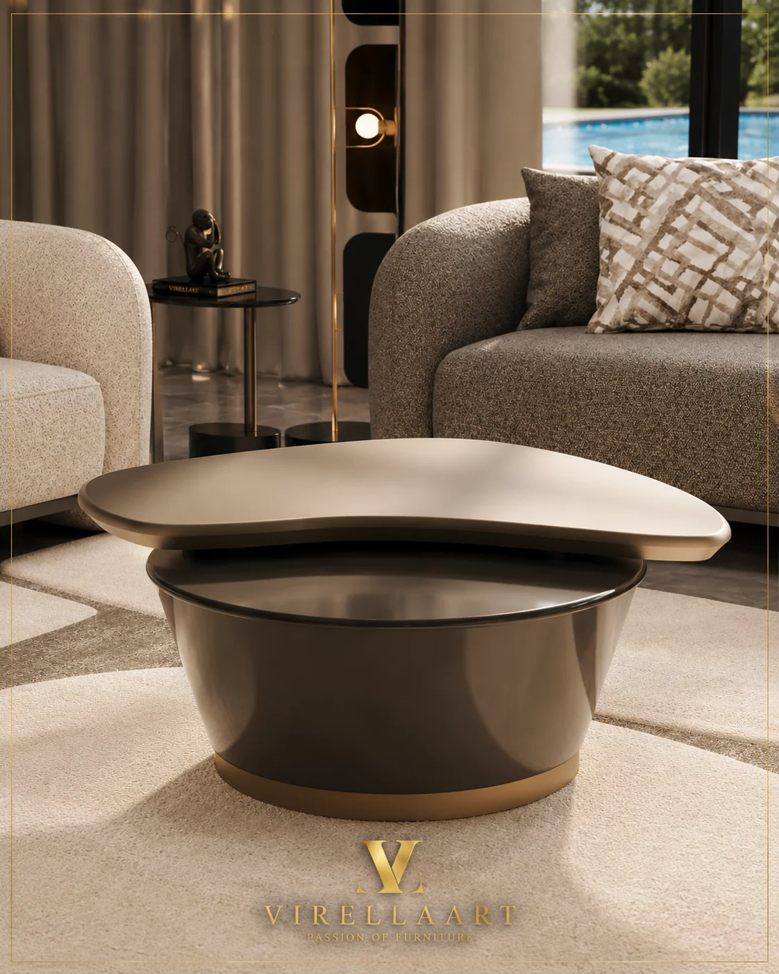 Queen sculptural two-tier center table with a bronze-tone base positioned between rounded ivory and taupe seating