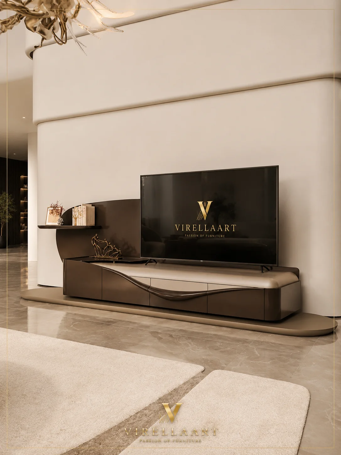 Queen low-profile TV unit with rounded brown cabinets, ivory drawers and a curved decorative wall shelf
