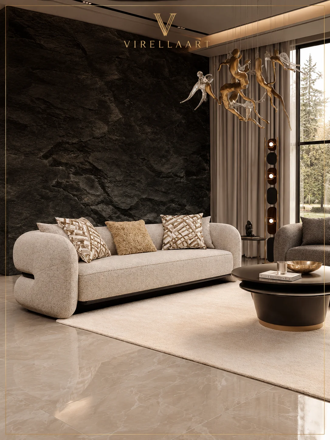 Queen ivory three-seat sofa with rounded arms, patterned cushions and a dark sculptural center table