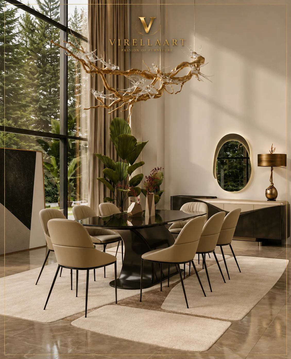 Complete Queen dining room arrangement with a glossy black rounded table, eight cream upholstered chairs and a sculptural black pedestal base
