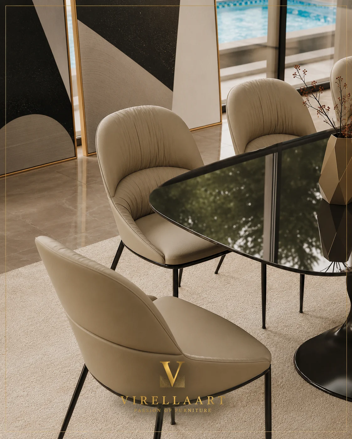 Close-up of Queen cream upholstered dining chairs beside the glossy black tabletop and sculptural pedestal base