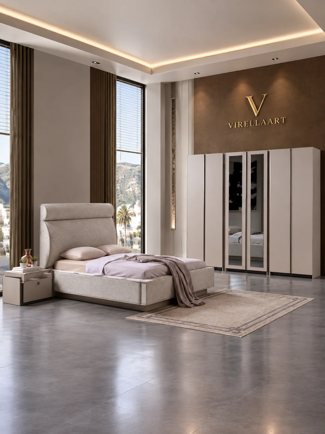 RETRO modern bedroom set with storage bed, wardrobe and elegant furniture composition in a luxury interior