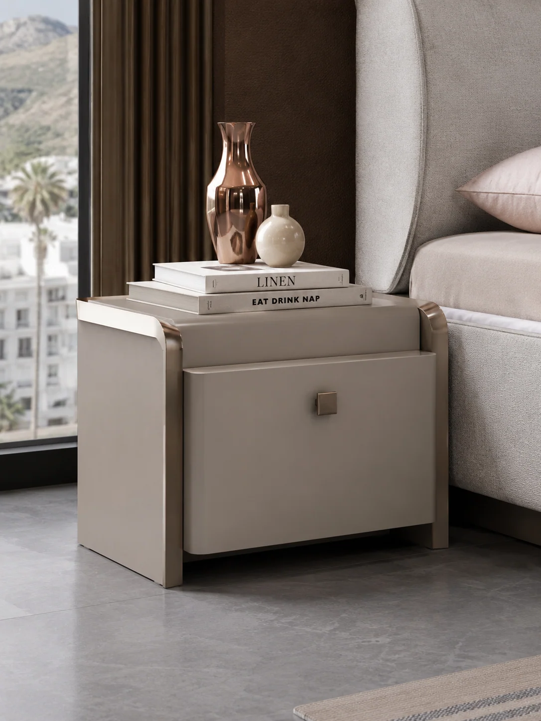 RETRO nightstand and storage bed detail with refined modern bedroom styling