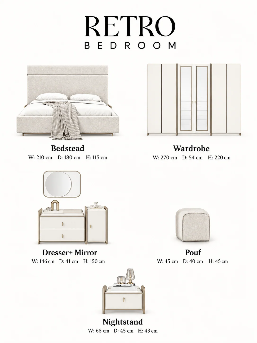 RETRO complete bedroom set presentation with wardrobe, bed, dresser, nightstands and pouf