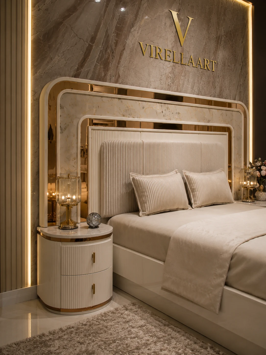 Close-up of the rio cream bed with a vertically channelled headboard, layered marble-look frame, gold-tone accents and rounded nightstand