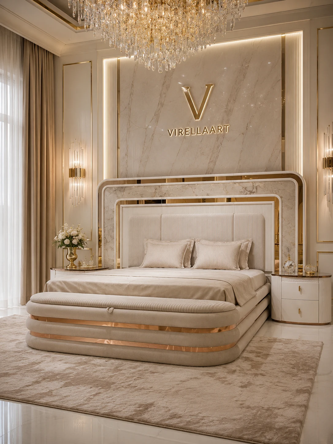 Front view of the rio upholstered bed with layered statement headboard, matching nightstands and a rounded padded bench with gold-tone bands