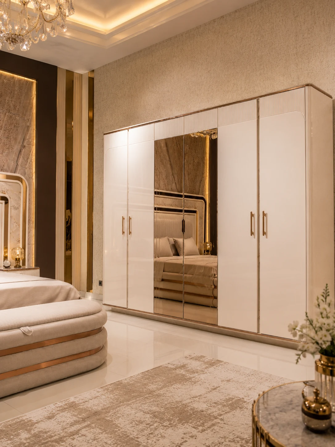 rio cream bedroom wardrobe with central full-length mirrored doors, fluted upper panels, rounded corners and gold-tone handles