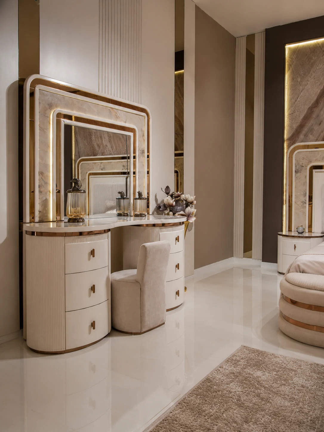 rio cream bedroom dresser with rounded drawer towers, marble-look top, illuminated layered mirror and matching upholstered stool