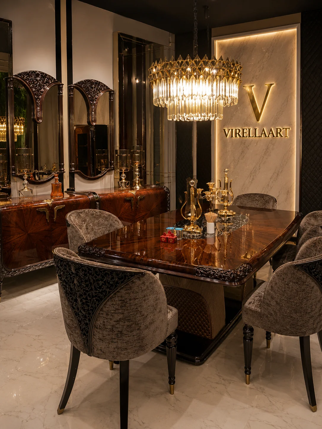Riva luxury classic dining room set with table chairs console mirror and vitrine