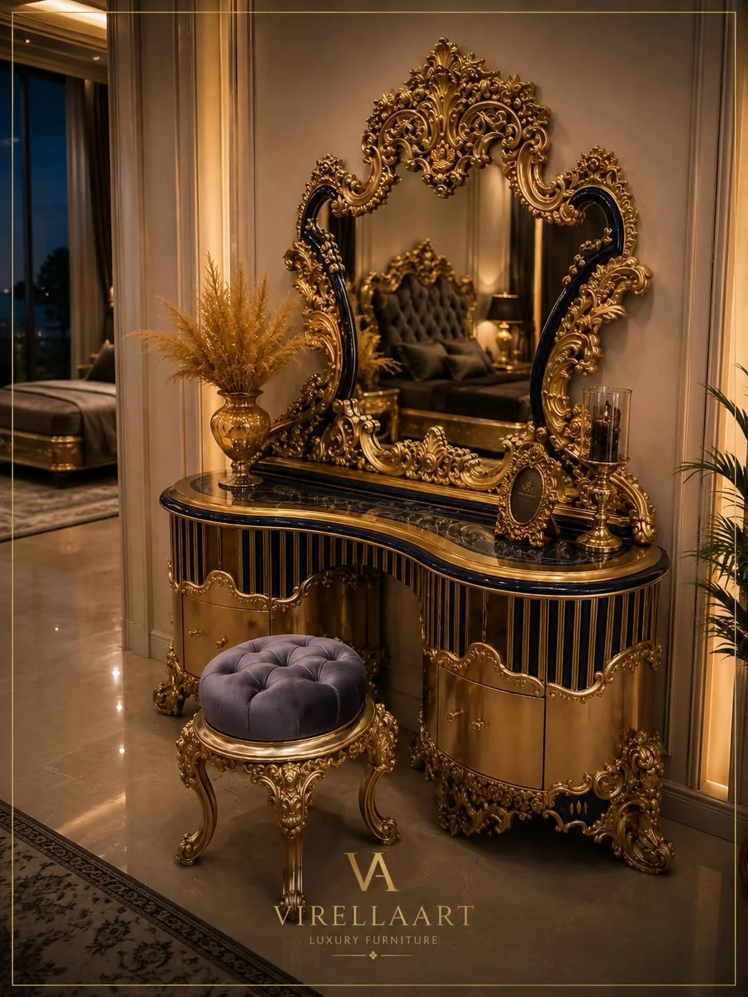 Saltanat dressing table with glossy dark and gold-tone cabinetry, richly carved statement mirror and round tufted stool