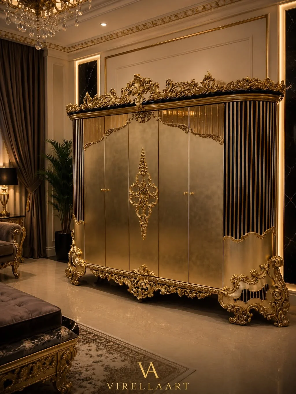 Saltanat bedroom wardrobe with gold-tone doors, glossy dark fluted side panels and an elaborate carved crown and base