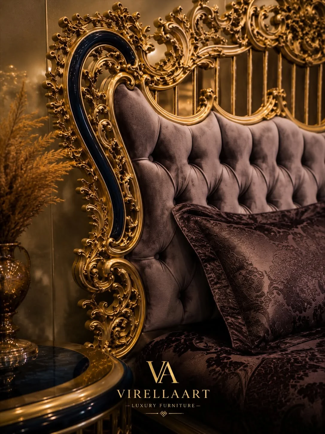 Close-up of the Saltanat deep taupe tufted headboard framed by intricate dark and gold-tone baroque carving