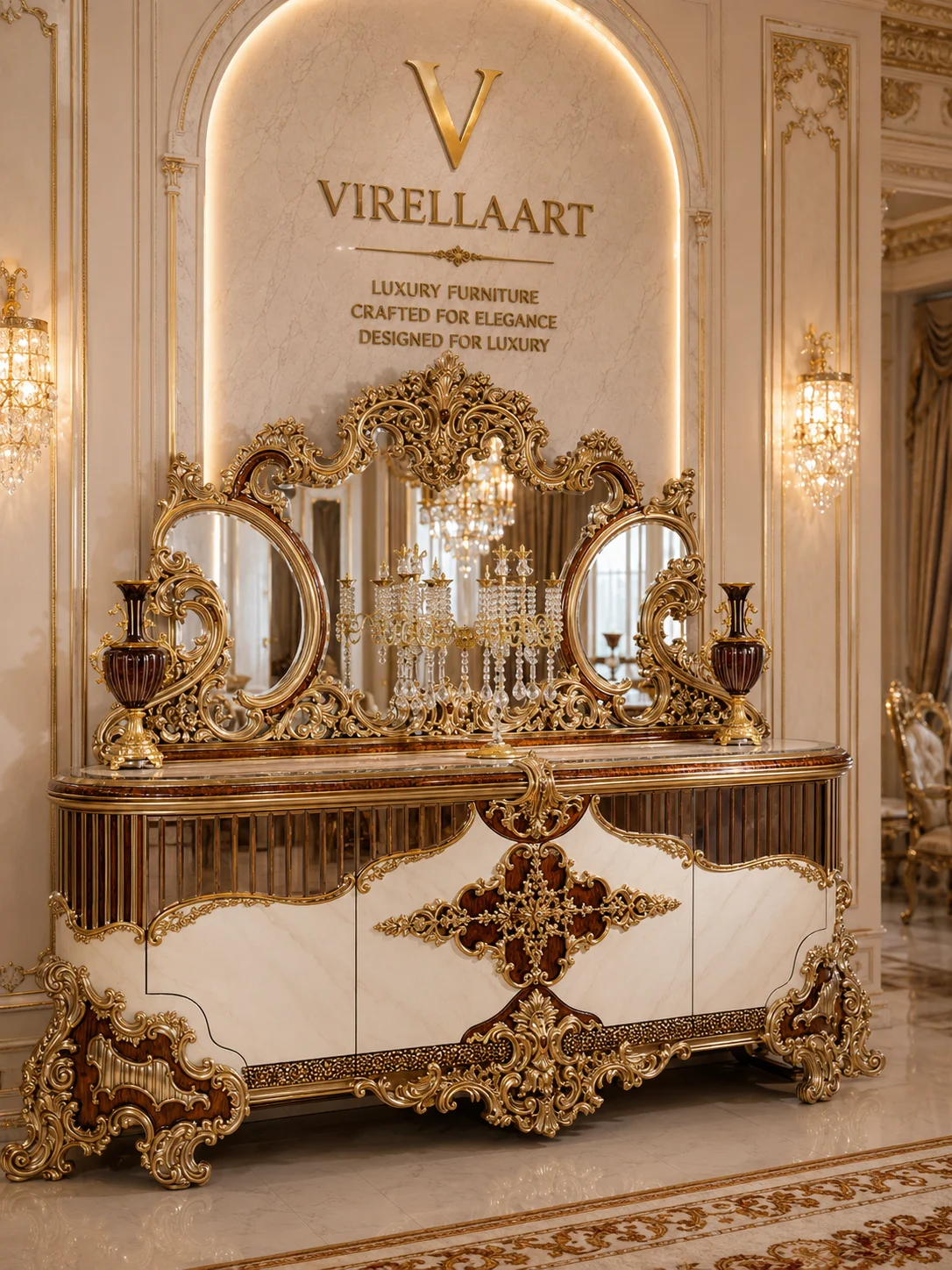 Front view of the Saltanat dining sideboard with cream cabinet doors, dark wood panels, elaborate gold-tone carving and a three-part mirror