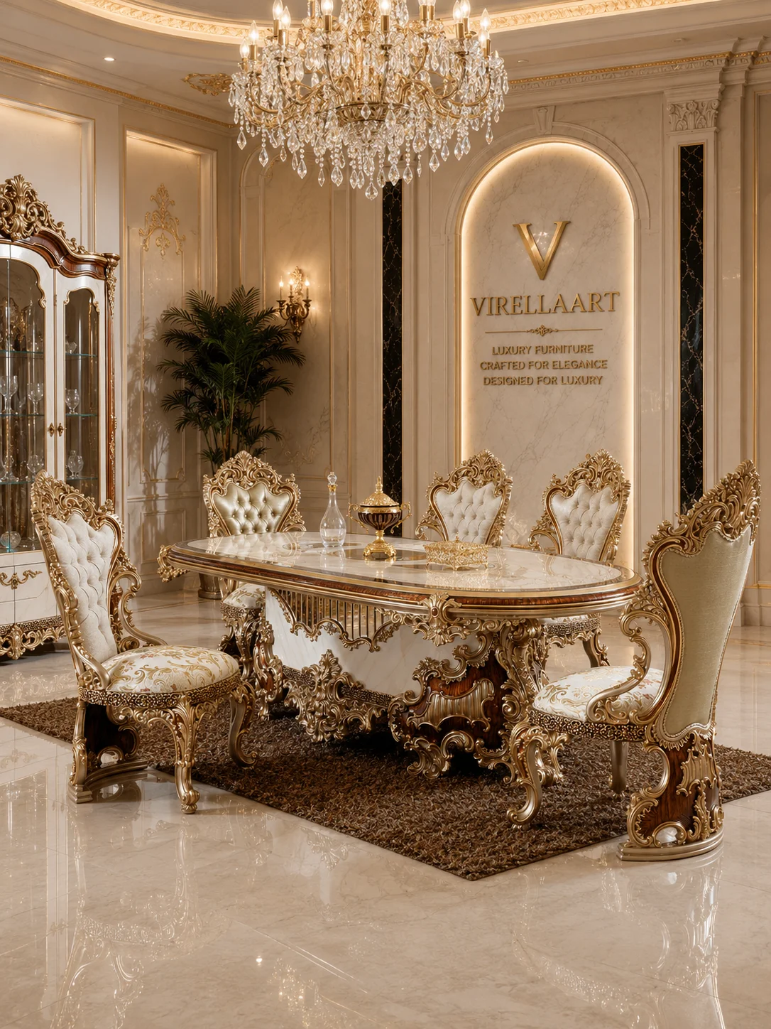 Saltanat oval dining table with cream marble-look top, sculptural carved base and high-back tufted chairs beside the glass display cabinet