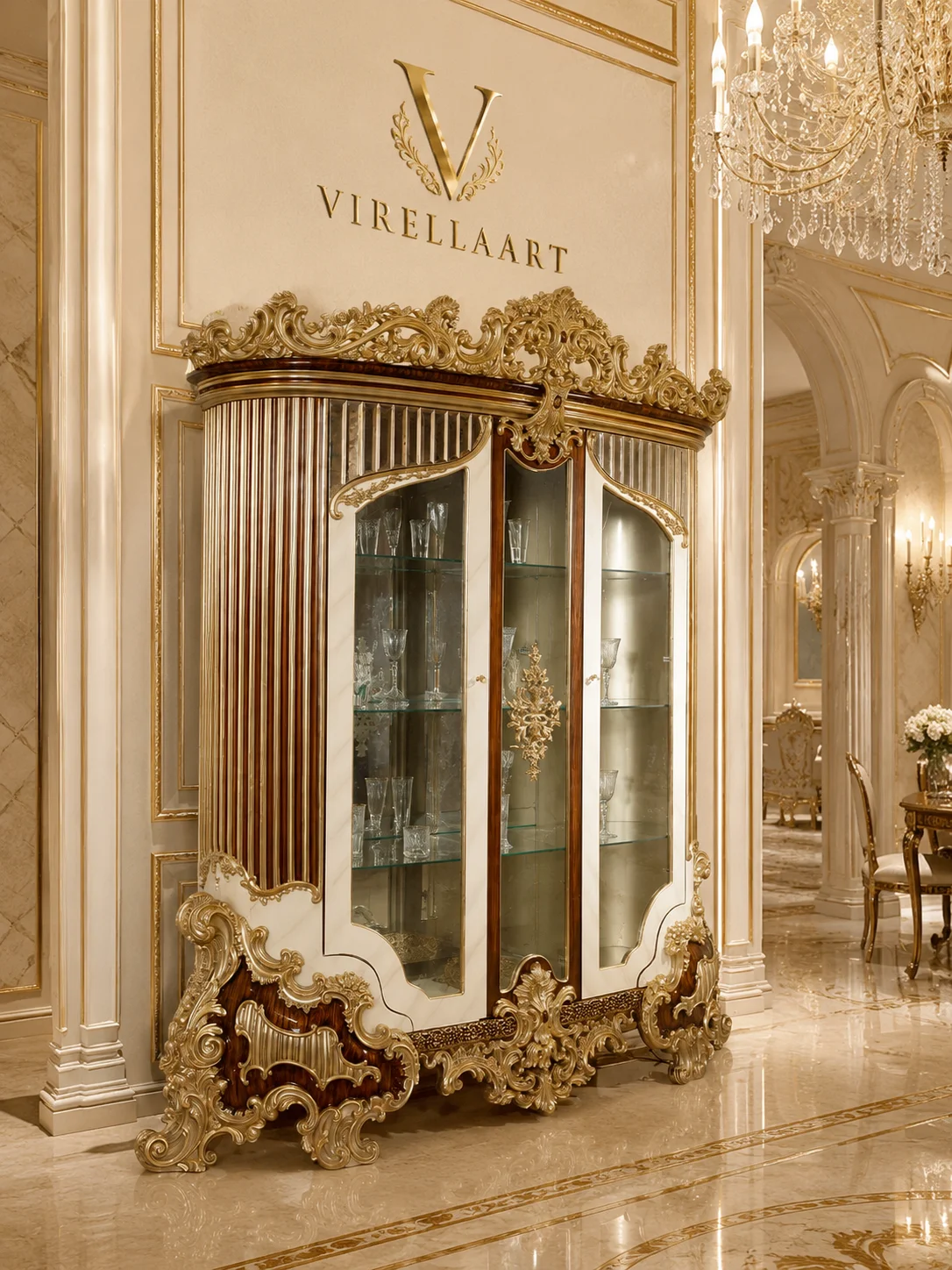 Saltanat glass display cabinet with cream doors, dark fluted side panels and elaborate gold-tone carved crown and base