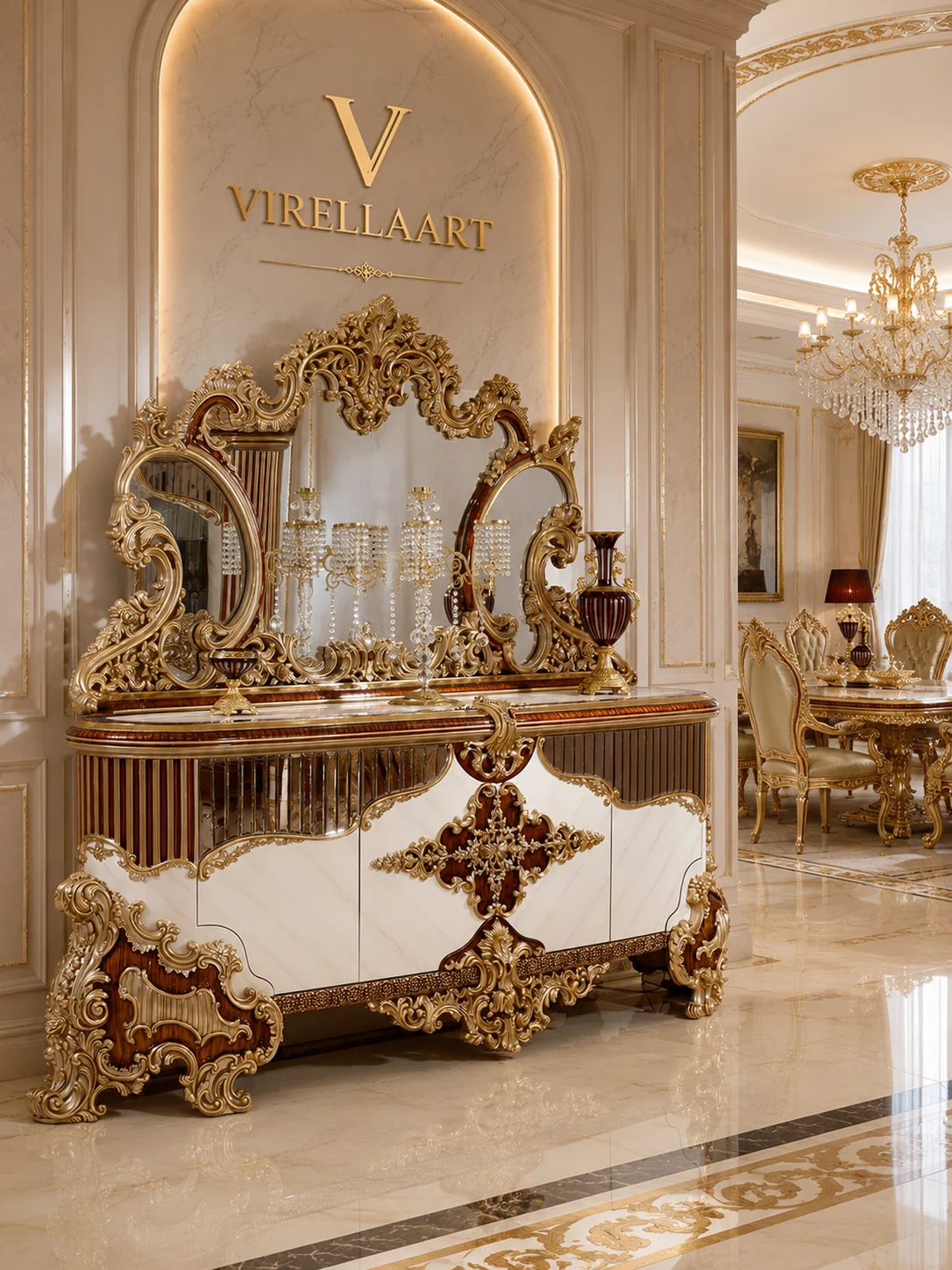 Three-quarter view of the Saltanat dining sideboard with cream panels, dark wood sections and an ornate three-part carved mirror