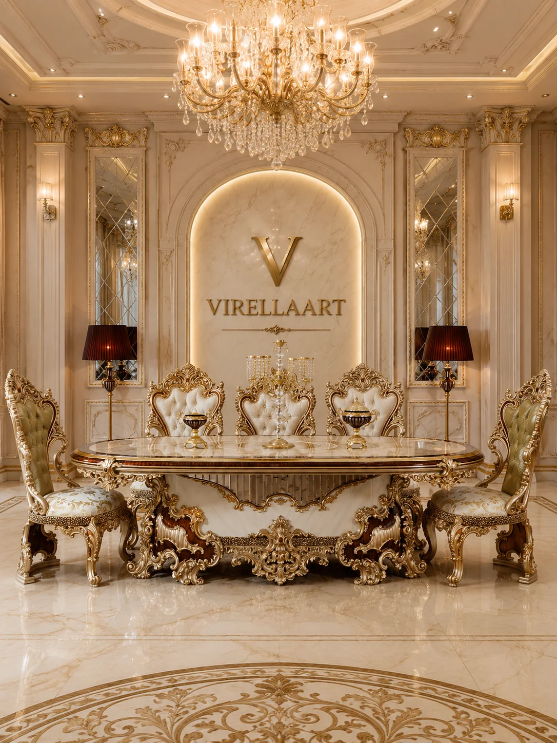 Front view of the Saltanat oval dining table with six tufted high-back chairs and an elaborate cream, dark wood and gold-tone carved base