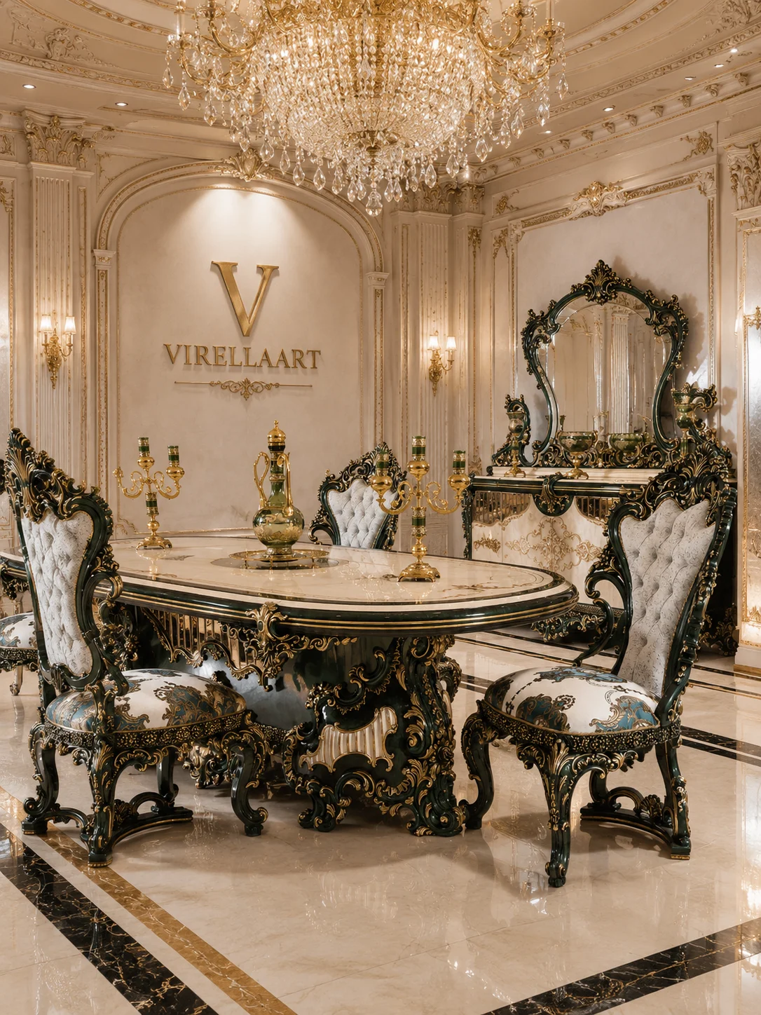 Saltanat Green oval dining table with a cream marble-look top, dark green and gold-tone carved base, high-back chairs and matching console