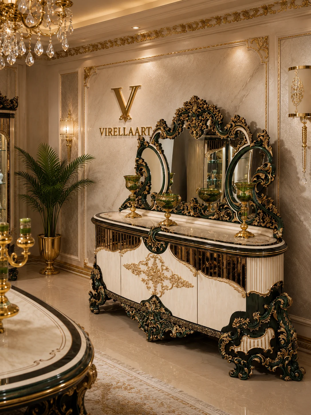 Saltanat Green dining console with cream fluted doors, dark green framing, gold-tone carved ornament and an elaborate three-part mirror