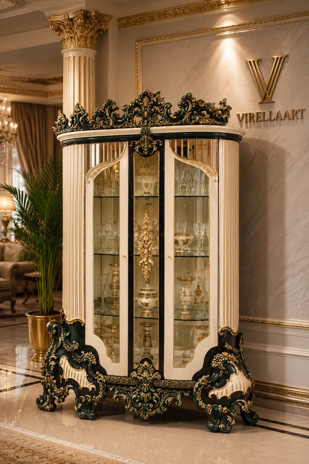 Saltanat Green glass display cabinet with cream fluted panels, dark green framing and elaborate gold-tone carved crown and base