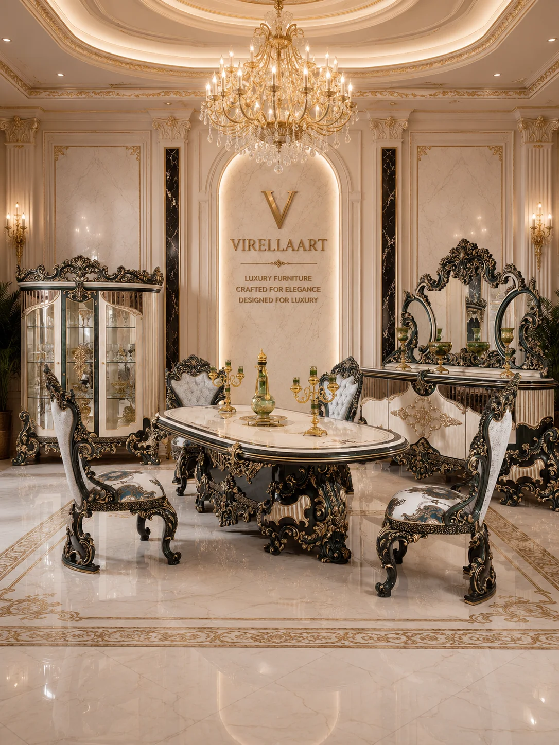 Wide view of the complete Saltanat Green dining collection with oval table, carved chairs, glass display cabinet and mirrored console