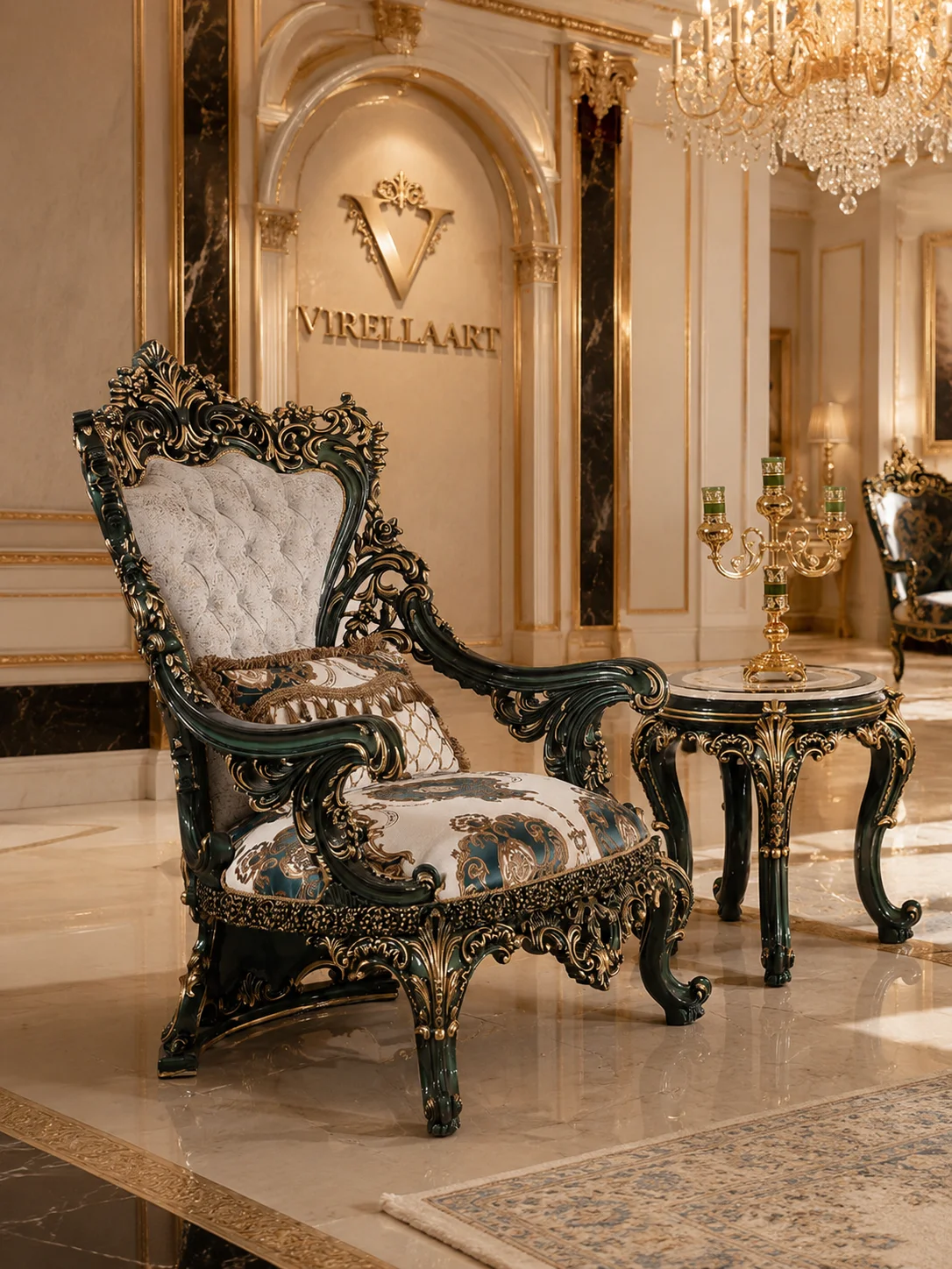 Saltanat Green ivory tufted armchair with dark green carved framing, gold-tone ornament and a matching round side table