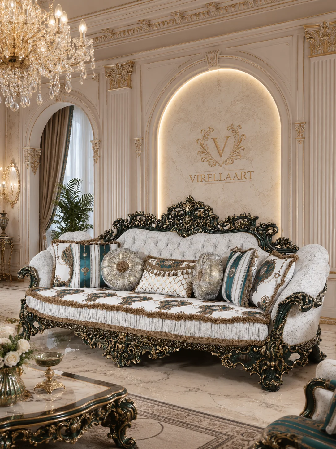 Saltanat Green ivory three-seat sofa with a tufted back, green striped cushions and elaborate dark green carved framing