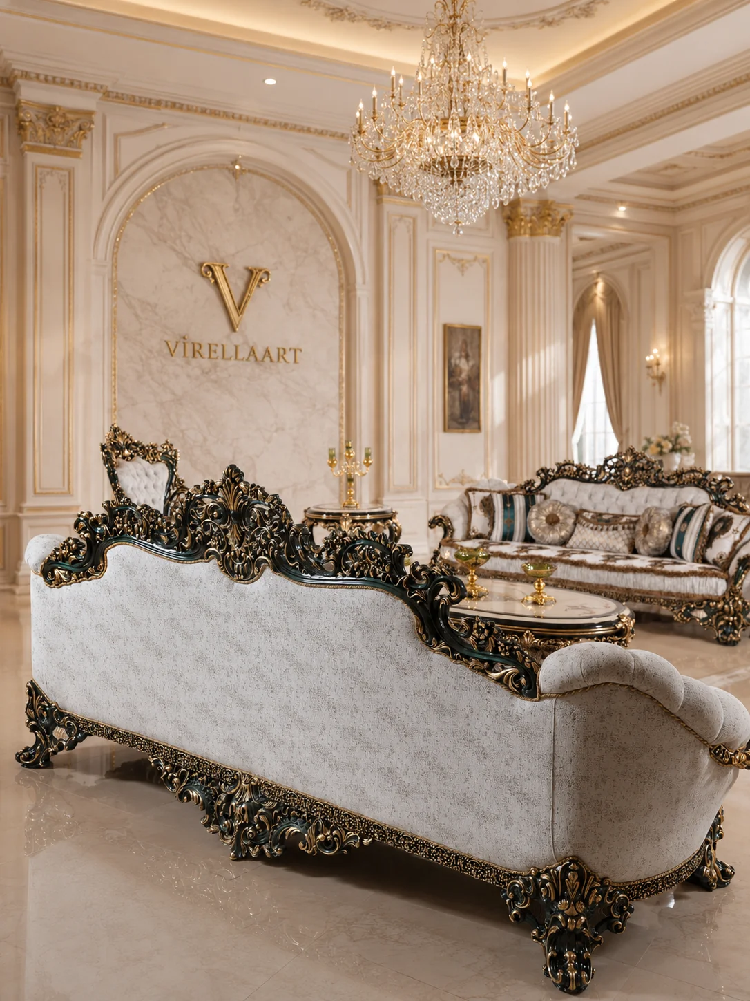 Rear view of the Saltanat Green ivory sofa with ornate dark green and gold-tone carving and matching seating in the background