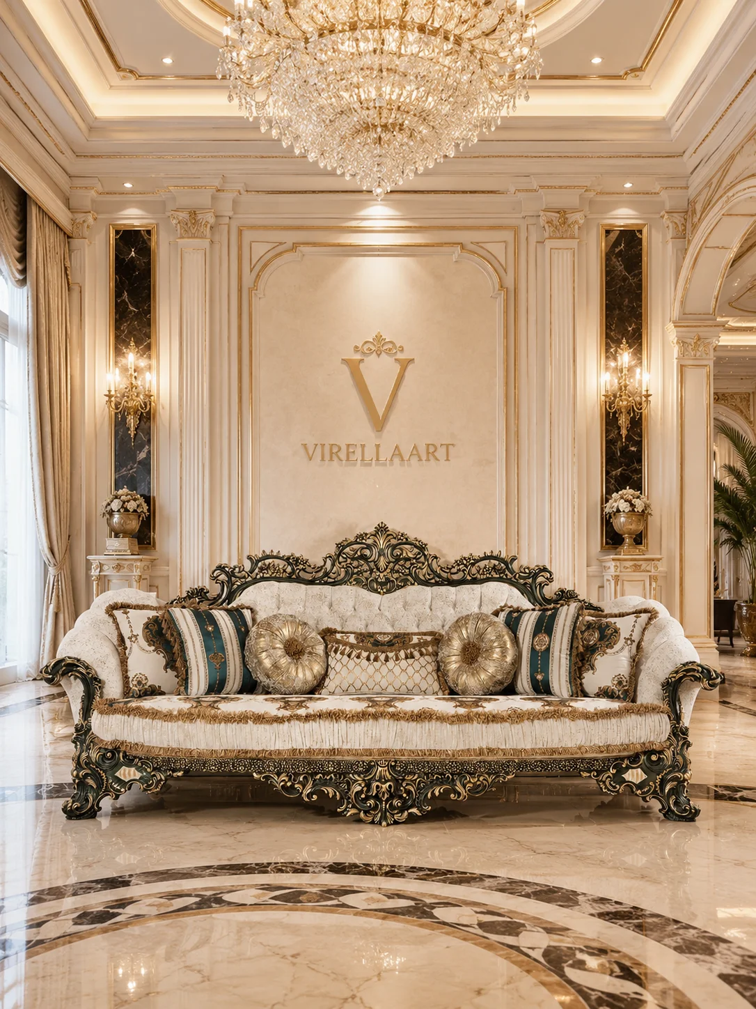 Front view of the Saltanat Green ivory sofa with green striped cushions and an elaborate dark green and gold-tone carved frame
