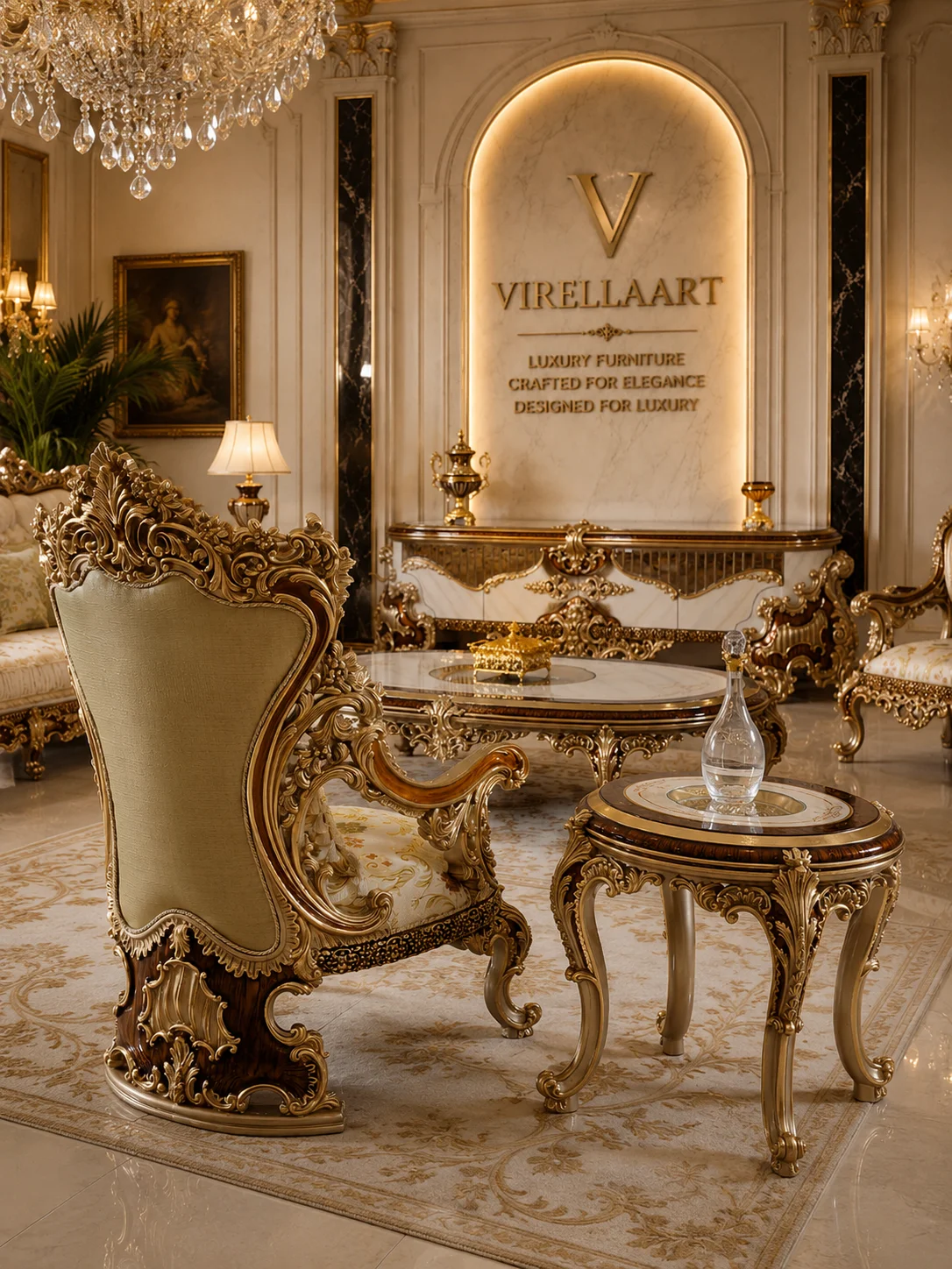 Rear view of a Saltanat armchair with elaborate gold-tone carving beside a round side table and matching console