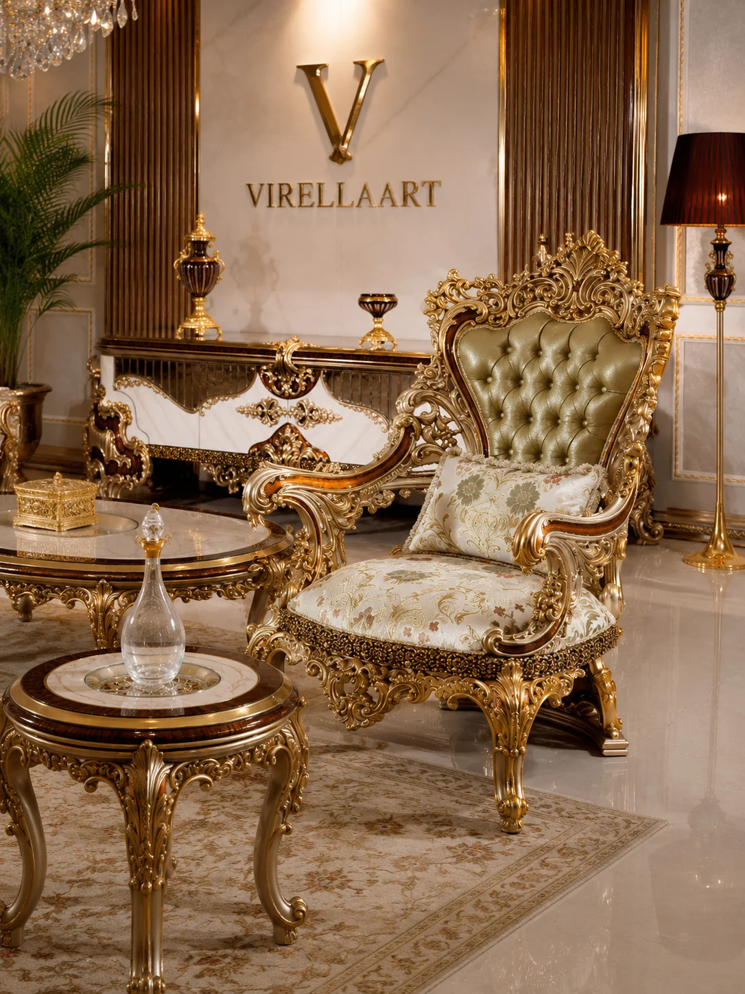 Saltanat tufted armchair with floral upholstery, elaborate gold-tone carved frame and matching round side table