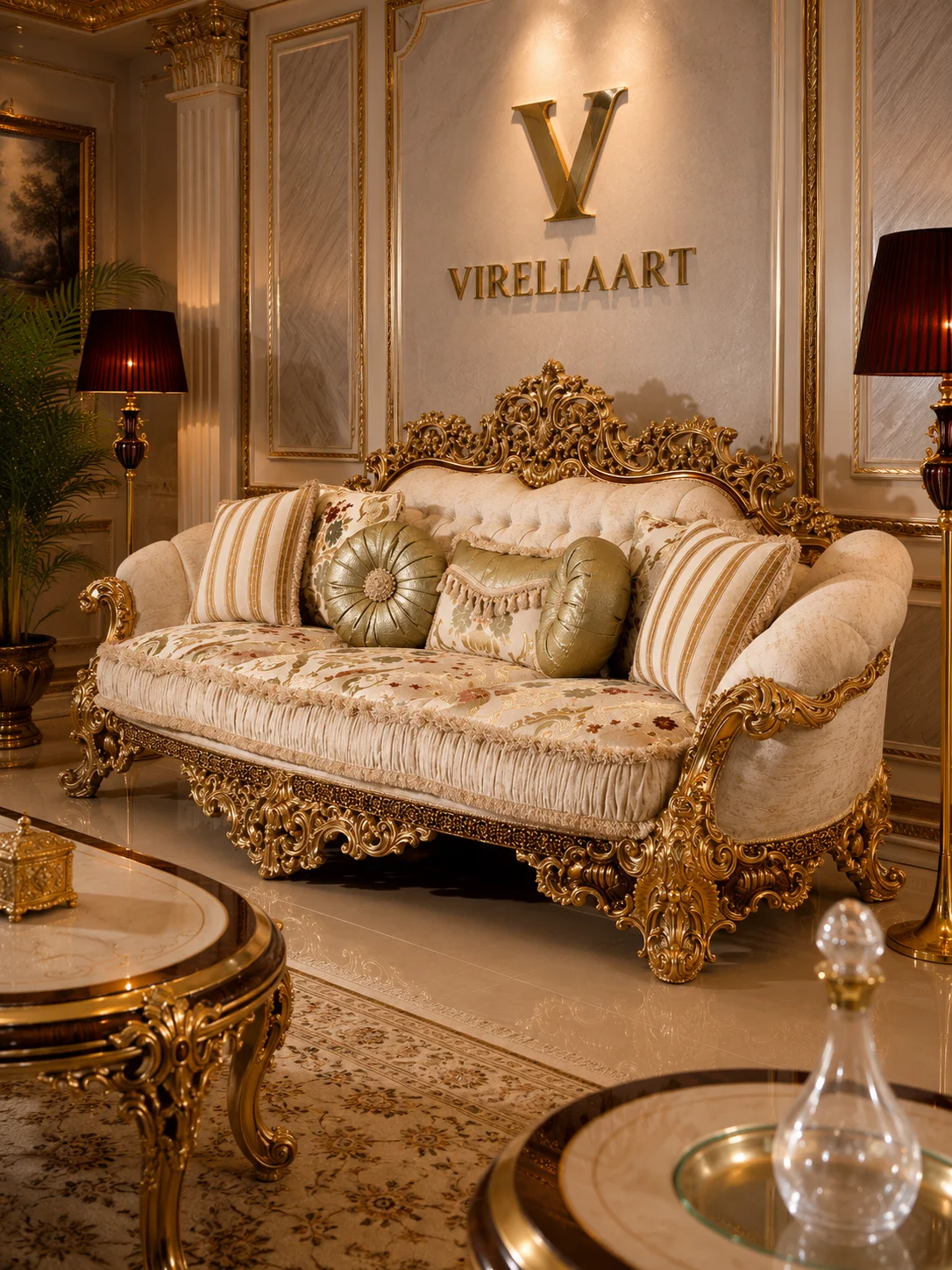 Saltanat cream three-seat sofa with floral upholstery, fringed trim, decorative cushions and an ornate gold-tone carved frame