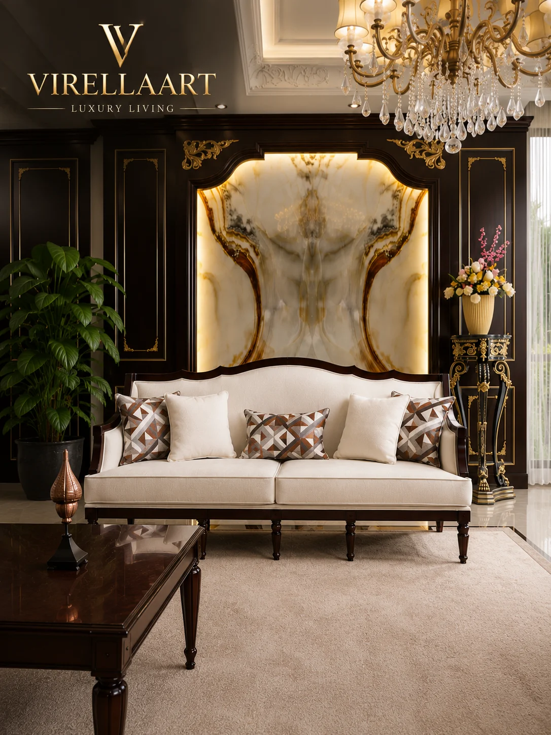 Sena ivory three-seat sofa front view with a curved dark wood frame, geometric brown cushions and turned legs
