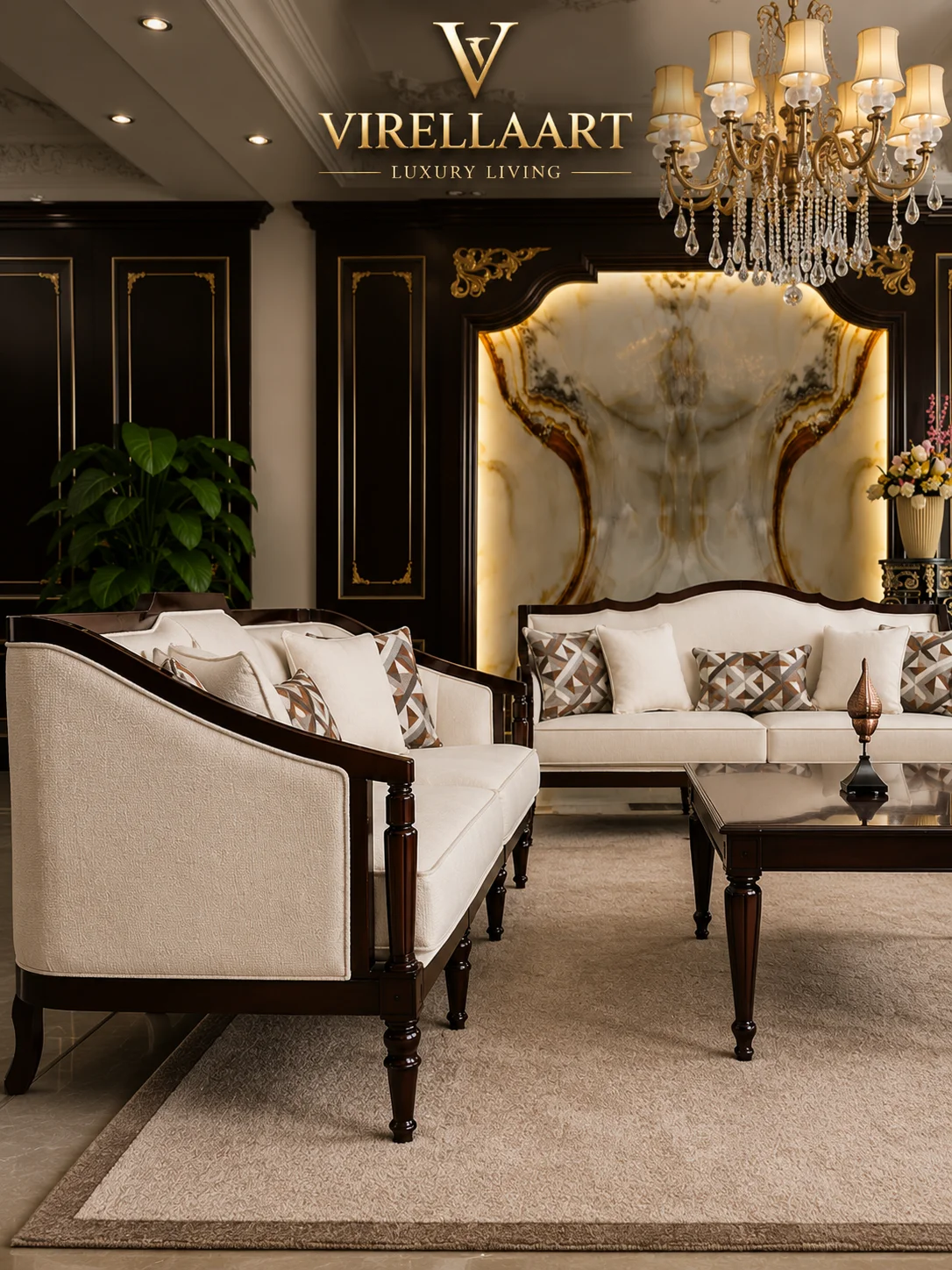 Sena ivory sofas arranged at a right angle around a rectangular dark wood center table in a classical interior