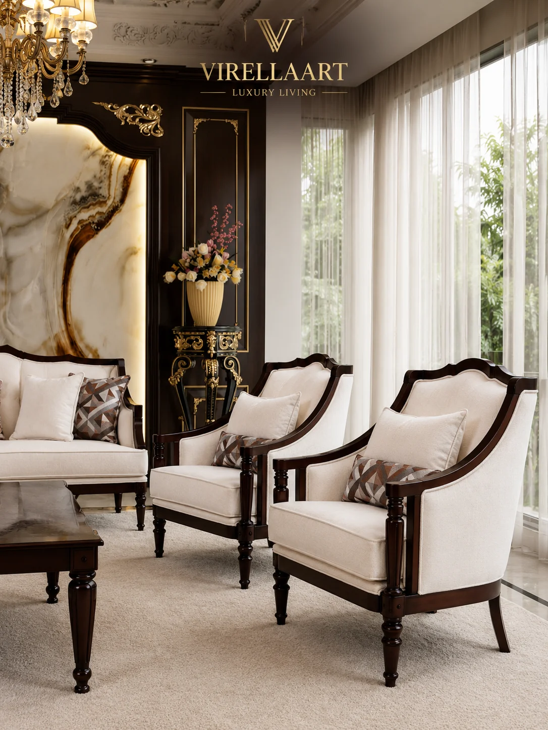 Pair of Sena ivory armchairs with curved dark wood frames, turned legs and geometric brown accent cushions