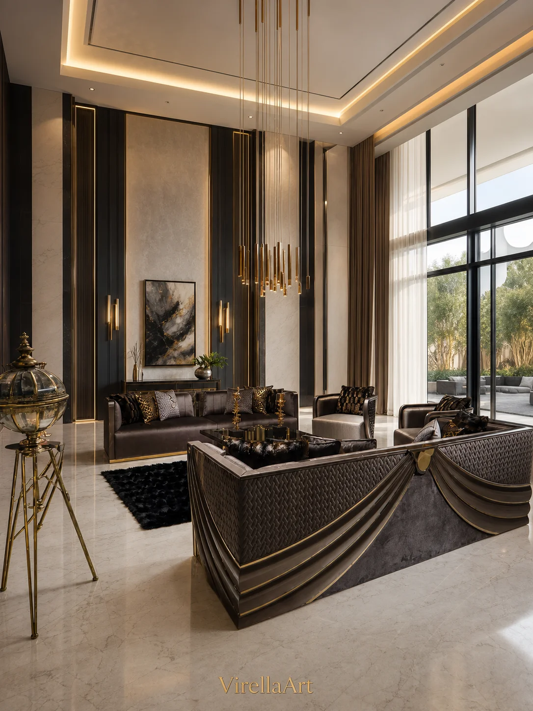 Rear three-quarter view of the Shawl gray sofa with layered bronze-tone detailing and matching geometric armchairs