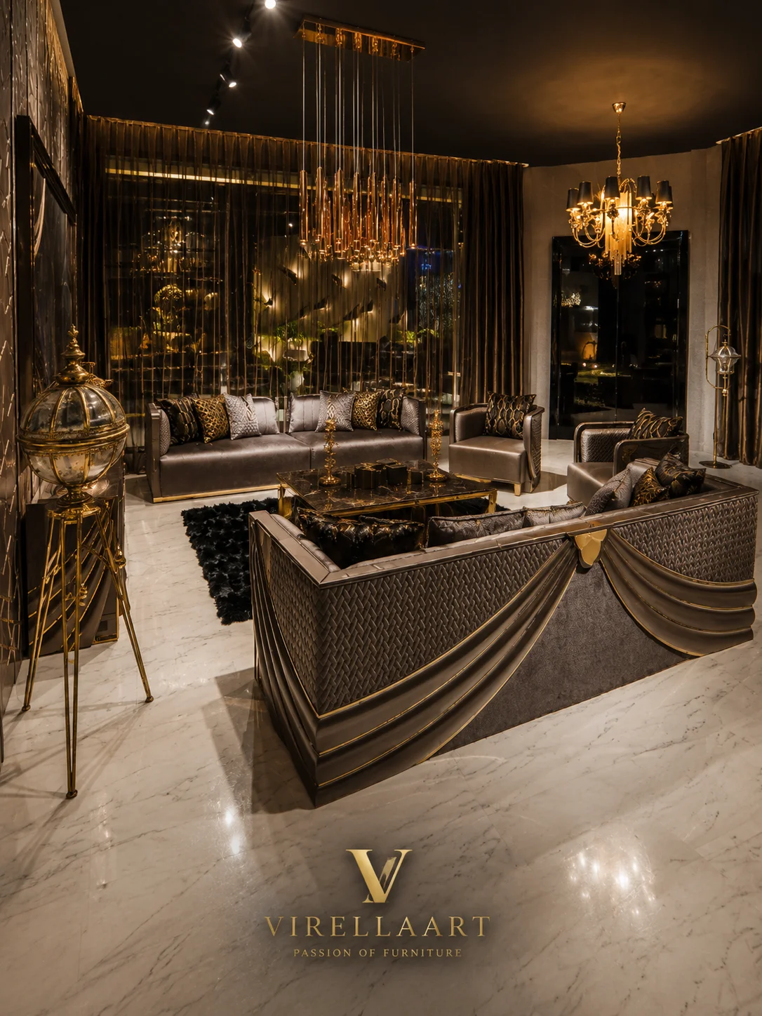 Shawl living room set with two gray sofas, two sculptural armchairs and a glossy black center table in a dark luxury interior