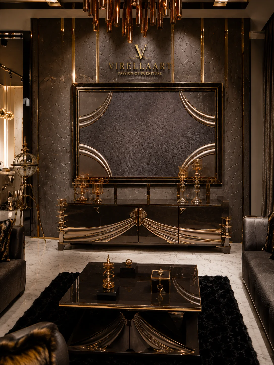Shawl black TV unit with sweeping bronze-tone decorative bands, matching framed wall panel and glossy center table